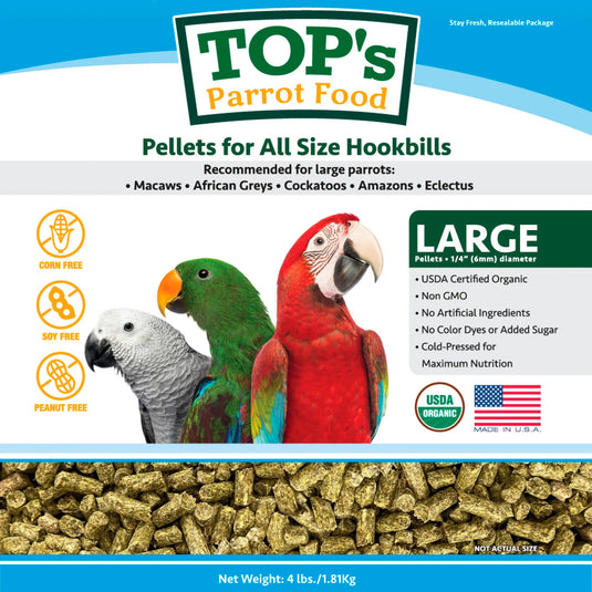 TOP's Parrot Food Large Pellets for Hookbills | USDA Organic Certified - Parrot / African Grey