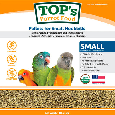 TOP's Parrot Food Small Pellets for Hookbills | USDA Organic Certified - Conure / Cockatiel