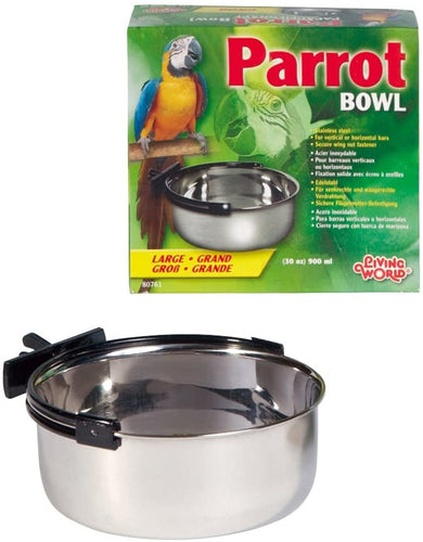 Living World Stainless Steel No-Spill Parrot Dish with Clamp