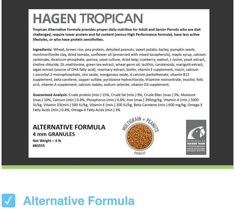 Tropican Alternative Formula 4mm Pellet - Soy Free Parrot Food
