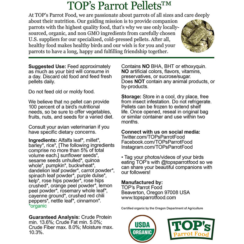 TOP's Parrot Food Large Pellets for Hookbills | USDA Organic Certified - Parrot / African Grey
